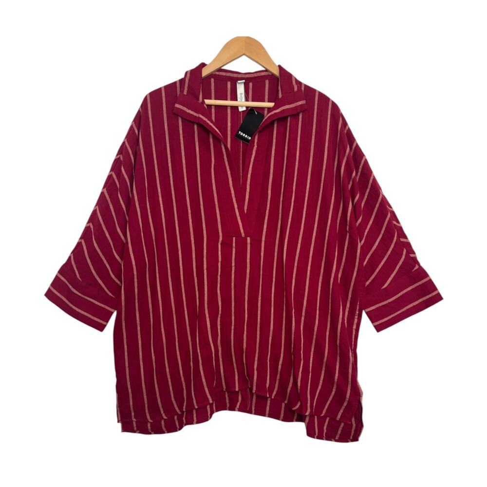New Belle Isle Torrid Tunic Top Womens Large Red Striped Gauze Cotton Beach Boho
